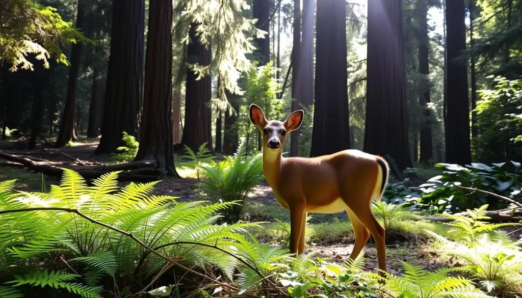 Wildlife viewing at Limekiln State Park showing a black-tailed deer in a redwood forest clearing Wildlife viewing at Limekiln State Park showing a black-tailed deer in a redwood forest clearing