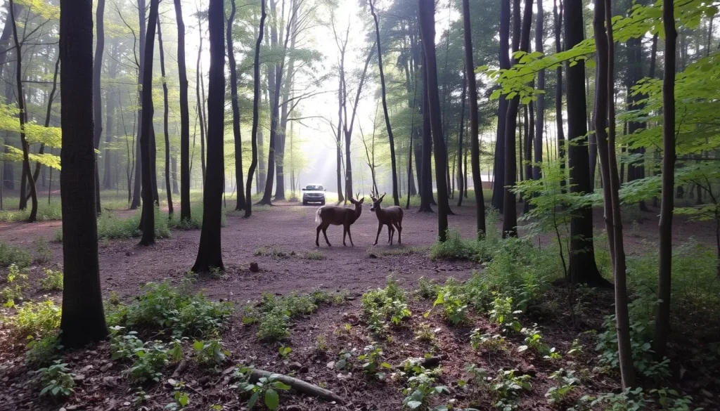 Wildlife viewing at Linn Run State Park with deer in a forest clearing Wildlife viewing at Linn Run State Park with deer in a forest clearing