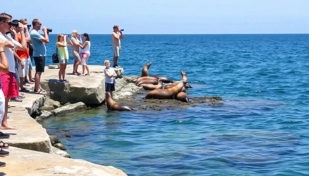 Wildlife viewing at Point Sal with sea lions on offshore rocks and diverse tourists observing Wildlife viewing at Point Sal with sea lions on offshore rocks and diverse tourists observing