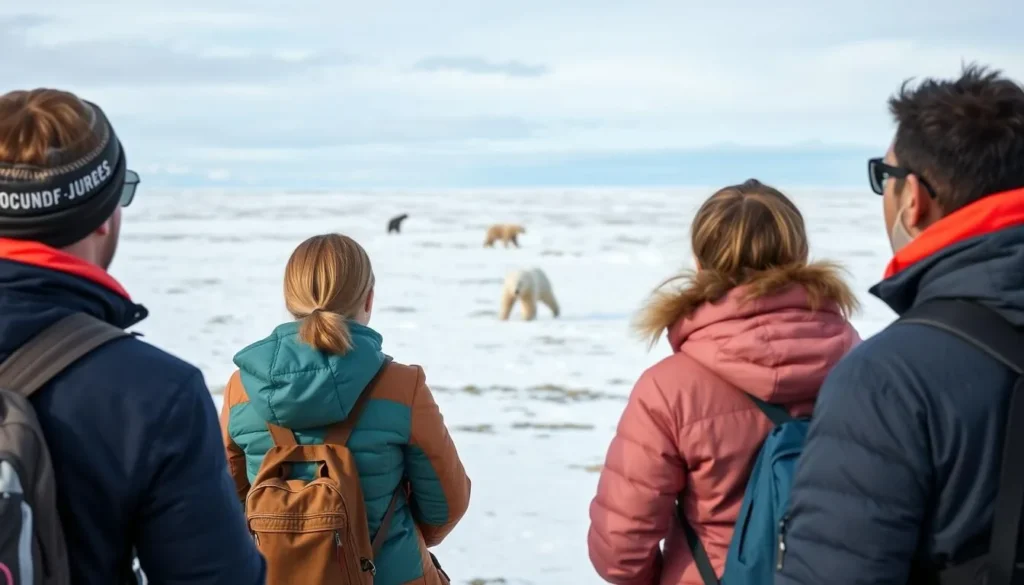 Wildlife viewing in Chukotka showing a small group watching polar bears on the tundra Wildlife viewing in Chukotka showing a small group watching polar bears on the tundra