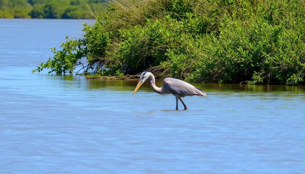 Wildlife viewing on Beaver Island Illinois showing a great blue heron fishing in shallow waters Wildlife viewing on Beaver Island Illinois showing a great blue heron fishing in shallow waters