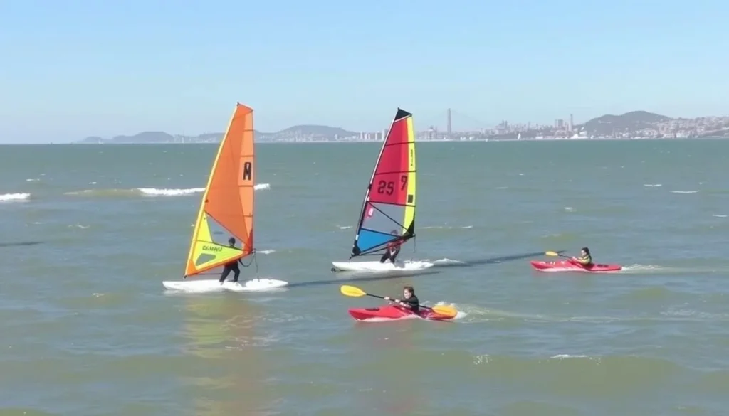 Windsurfers and kayakers enjoying the waters at Robert W. Crown Memorial State Beach Windsurfers and kayakers enjoying the waters at Robert W. Crown Memorial State Beach