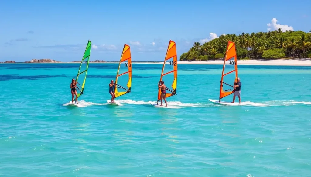 Windsurfers enjoying the trade winds between Anse Vata and Duck Island in Noumea New Caledonia Windsurfers enjoying the trade winds between Anse Vata and Duck Island in Noumea New Caledonia