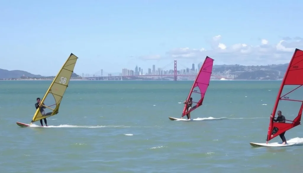 Windsurfing at Candlestick Point State Recreation Area California with San Francisco skyline in background