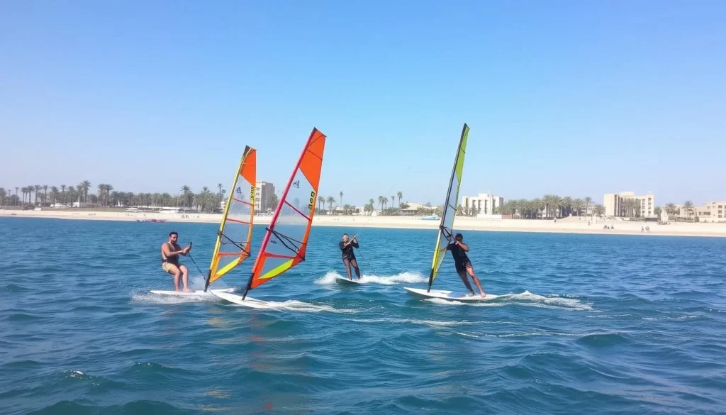 Windsurfing on Lake Timsah with a few sailboats in the background