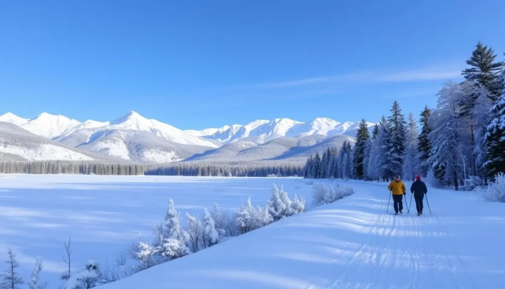 Winter landscape in Tunkinsky National Park showing snow-covered mountains and forests Winter landscape in Tunkinsky National Park showing snow-covered mountains and forests