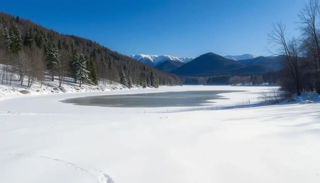 Winter scene at Beltzville State Park with snow-covered landscape and frozen lake Winter scene at Beltzville State Park with snow-covered landscape and frozen lake