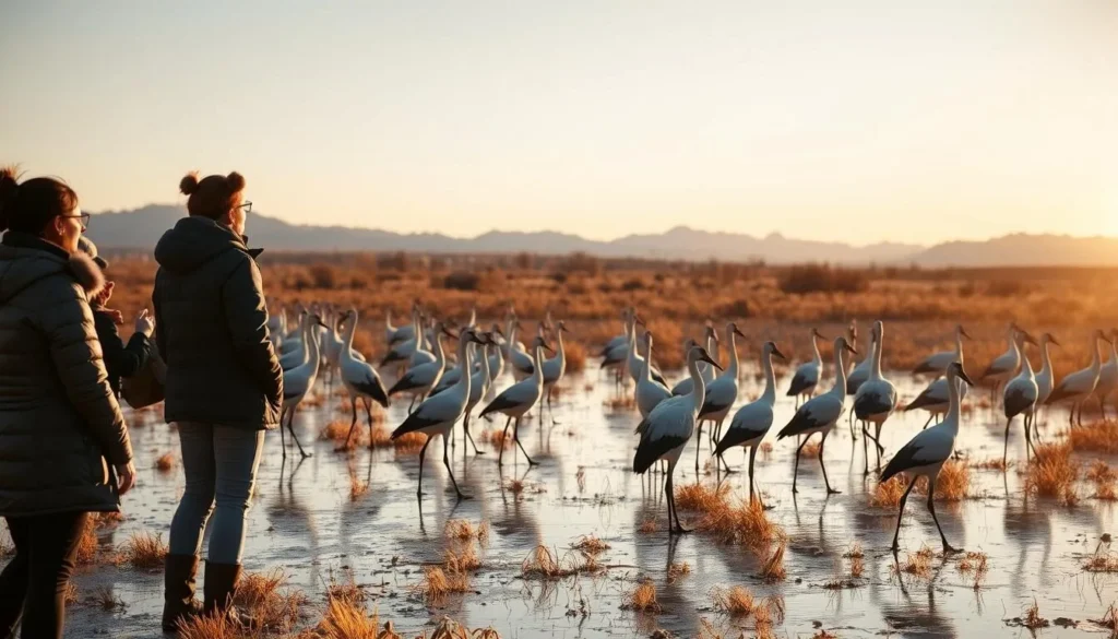 Winter scene at Bosque del Apache with sandhill cranes in golden afternoon light