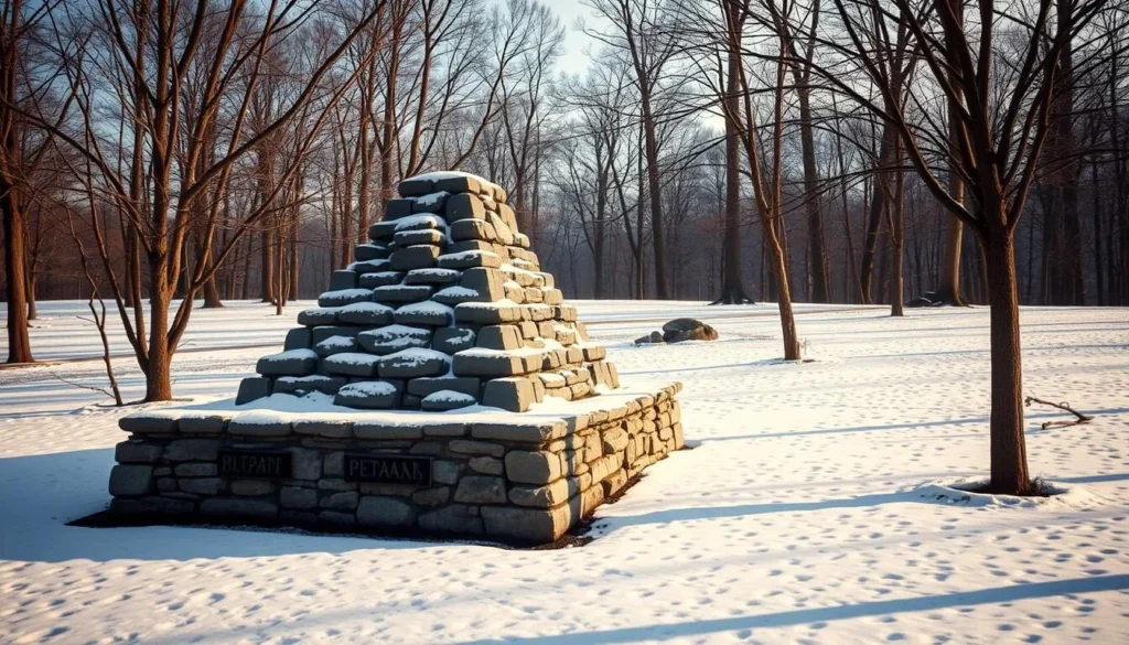 Winter scene at Buchanan's Birthplace State Park with light snow covering the pyramid monument and surrounding landscape