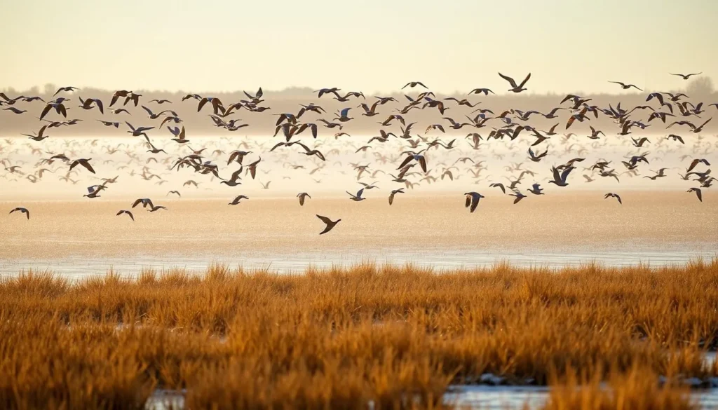 Winter scene at Cameron Prairie Wetlands Louisiana with migratory birds