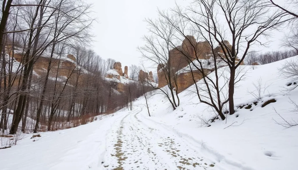 Winter scene at Castle Rock State Park Illinois with snow-covered trails and rock formations Winter scene at Castle Rock State Park Illinois with snow-covered trails and rock formations