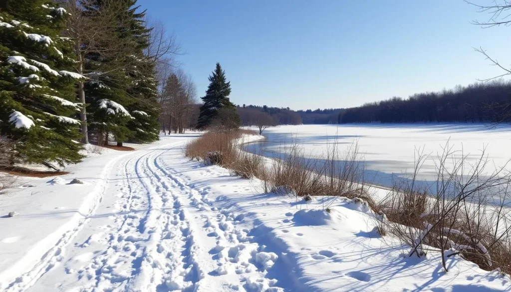 Winter scene at Lackawanna State Park with snow-covered trails and frozen lake Winter scene at Lackawanna State Park with snow-covered trails and frozen lake
