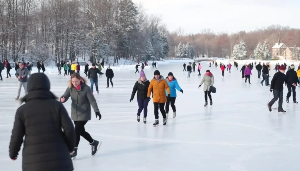 Winter scene at Lake Naomi with people ice skating on the frozen lake