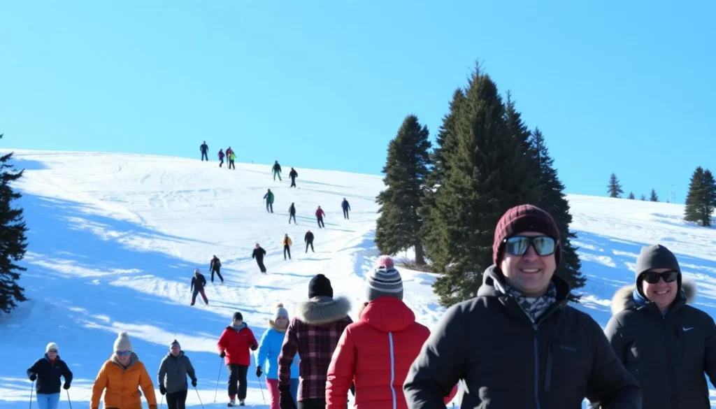 Winter scene at Laurel Mountain State Park Pennsylvania showing skiers on snowy slopes Winter scene at Laurel Mountain State Park Pennsylvania showing skiers on snowy slopes
