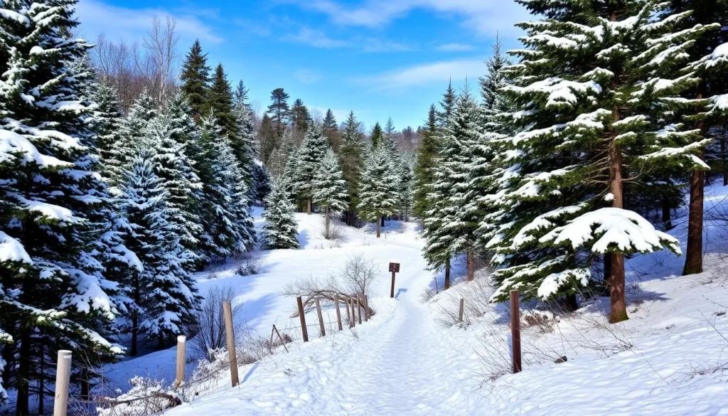 Winter scene at Laurel Summit State Park Pennsylvania with snow-covered trails Winter scene at Laurel Summit State Park Pennsylvania with snow-covered trails