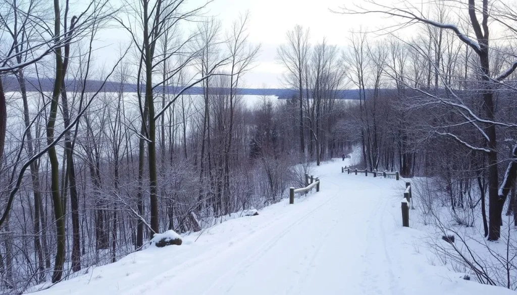 Winter scene at Locust Lake State Park with snow-covered trails Winter scene at Locust Lake State Park with snow-covered trails