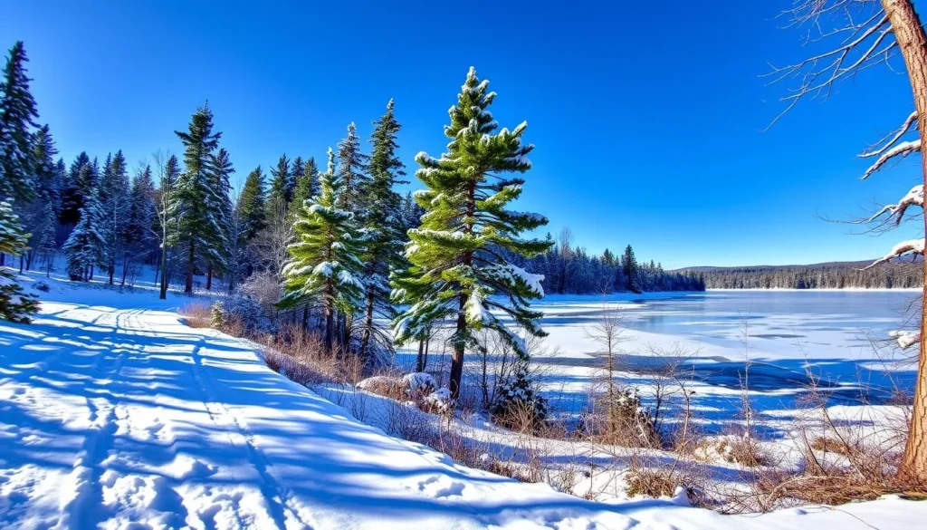 Winter scene at Locust Lake State Park with snow-covered trails and frozen lake Winter scene at Locust Lake State Park with snow-covered trails and frozen lake