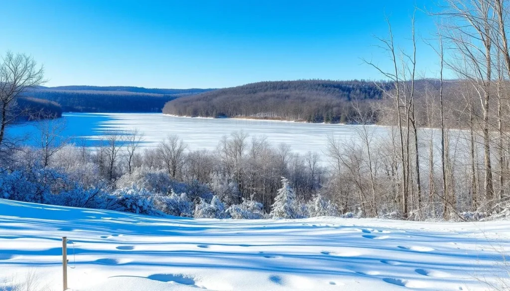 Winter scene at Marsh Creek State Park Pennsylvania with snow-covered landscape Winter scene at Marsh Creek State Park Pennsylvania with snow-covered landscape