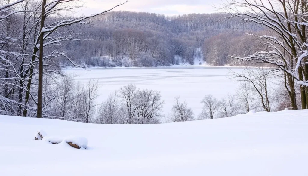 Winter scene at Moraine State Park with snow-covered landscape Winter scene at Moraine State Park with snow-covered landscape