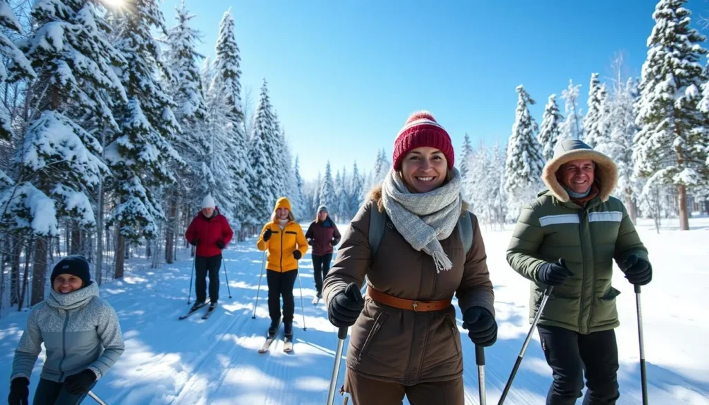 Winter scene in Bryansk with diverse tourists enjoying cross-country skiing Winter scene in Bryansk with diverse tourists enjoying cross-country skiing