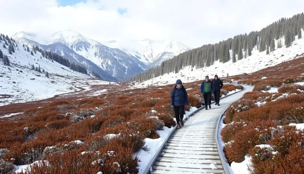 Winter scene in Hartz Mountains National Park with snow-covered boardwalks and alpine vegetation