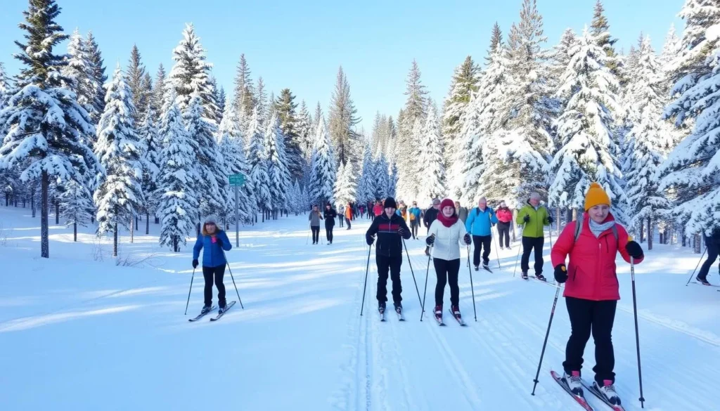 Winter scene in Kumysnaya Polyana forest with people skiing on snow-covered trails Winter scene in Kumysnaya Polyana forest with people skiing on snow-covered trails