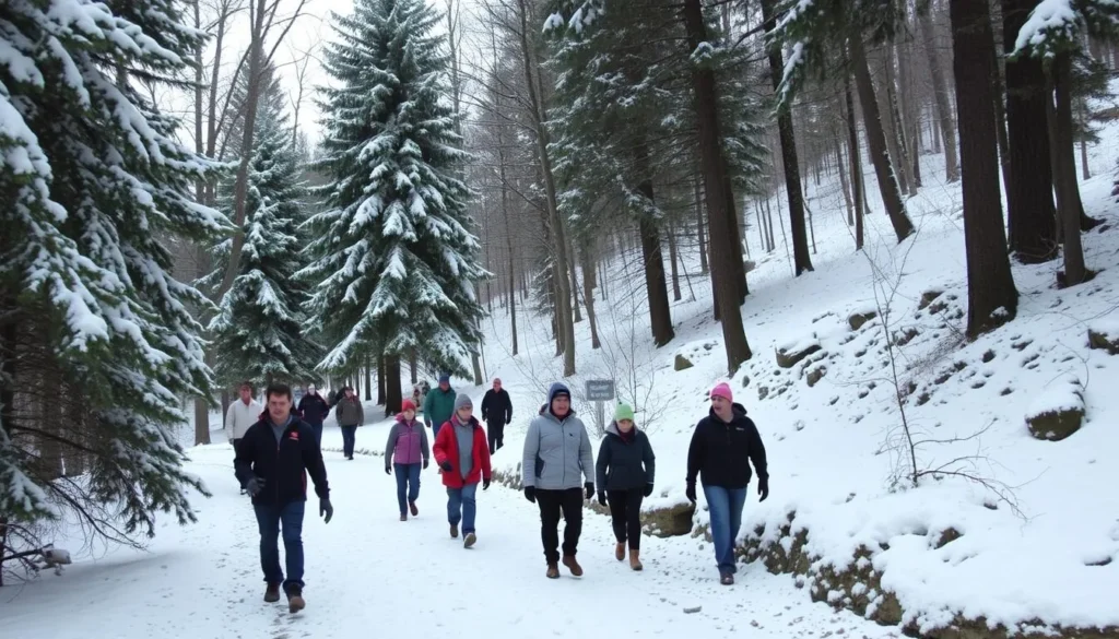 Winter scene in Nolde Forest with snow-covered evergreen trees and hiking trail Winter scene in Nolde Forest with snow-covered evergreen trees and hiking trail