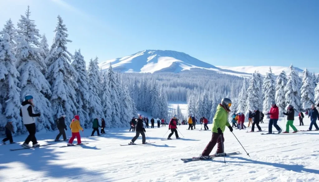 Winter scene of Mt. Shasta Ski Park with skiers enjoying the slopes Winter scene of Mt. Shasta Ski Park with skiers enjoying the slopes