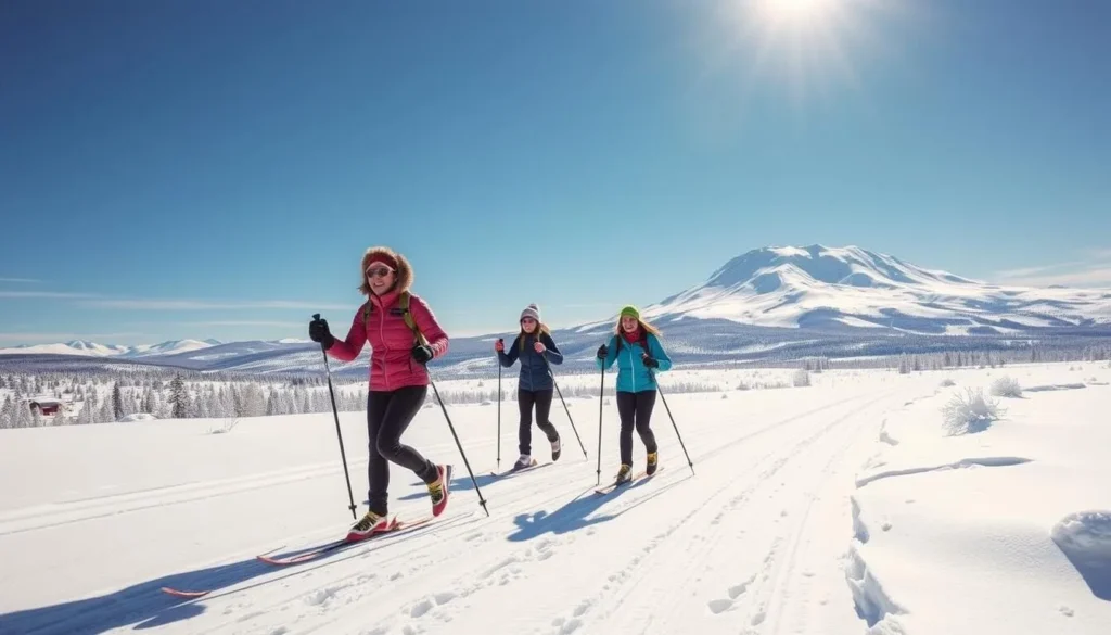 Winter scene showing cross-country skiing with Mount Lassen California things to do in the background Winter scene showing cross-country skiing with Mount Lassen California things to do in the background