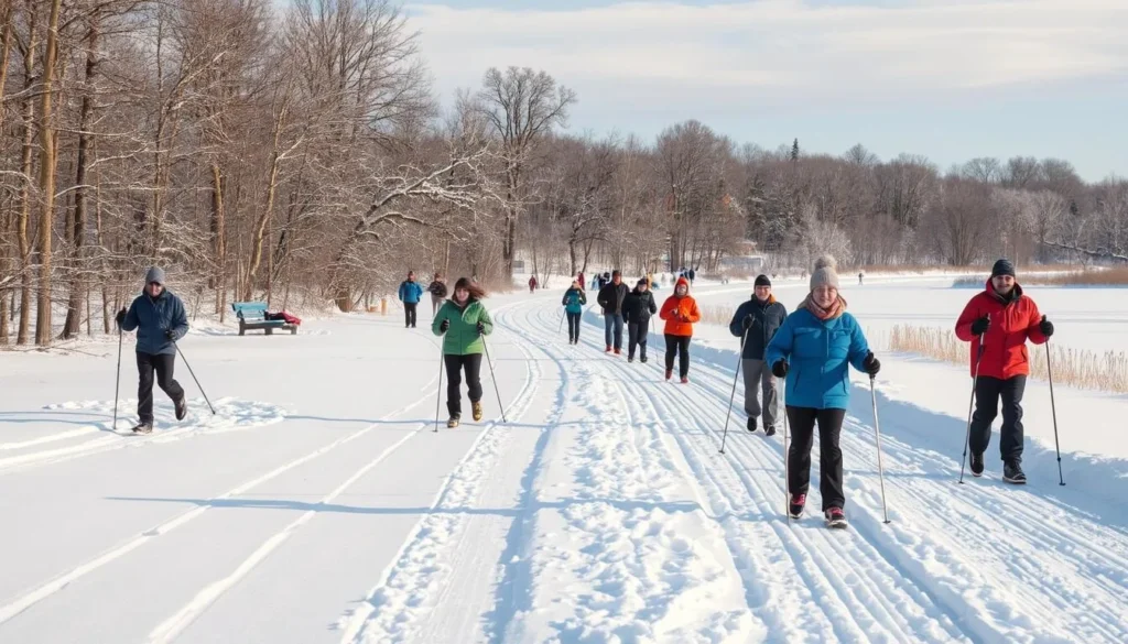 Winter scene with cross-country skiers at Kankakee River State Park Illinois Winter scene with cross-country skiers at Kankakee River State Park Illinois
