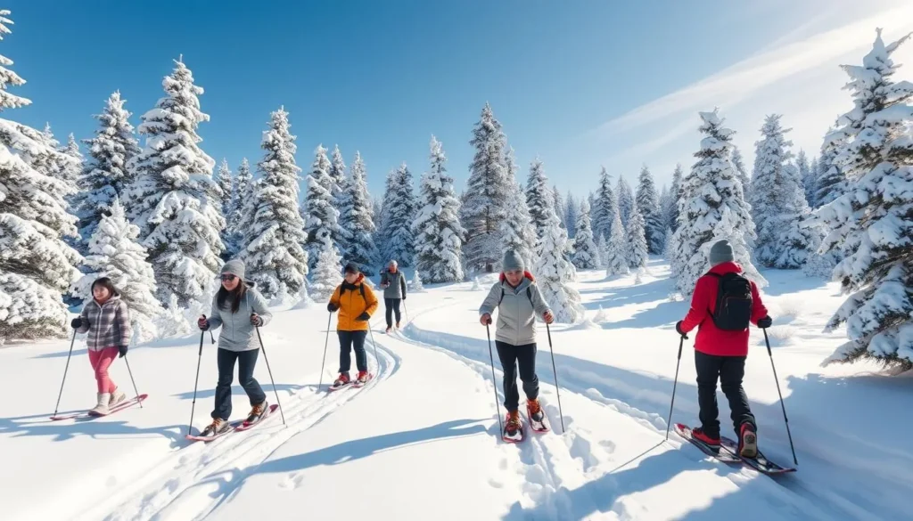 Winter snowshoeing activity in Mount San Jacinto State Park with snow-covered landscape Winter snowshoeing activity in Mount San Jacinto State Park with snow-covered landscape