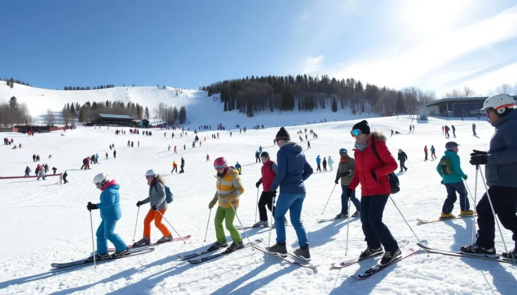 Winter sports at Boyce Park showing skiers and snowboarders enjoying the slopes on a bright winter day