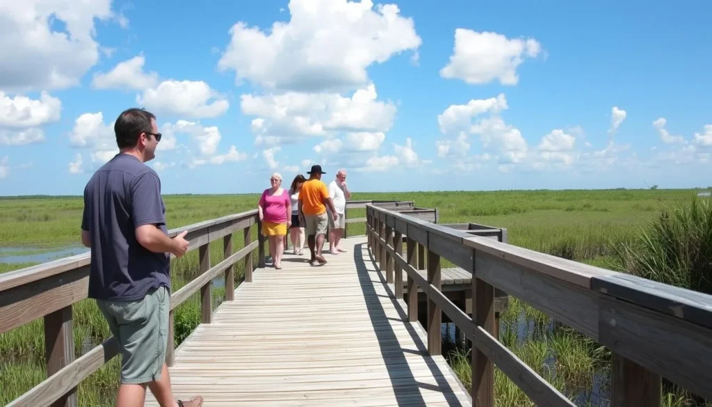 Wooden boardwalk and viewing platform at Bayou Bienvenue Triangle with visitors enjoying the view