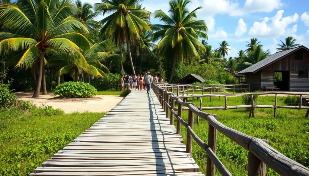 Wooden boardwalk connecting different sections of Mashabo Village with palm trees in background