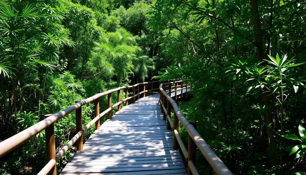 Wooden boardwalk leading to Orange Grove Sink at Wes Skiles Peacock Springs State Park Florida Wooden boardwalk leading to Orange Grove Sink at Wes Skiles Peacock Springs State Park Florida