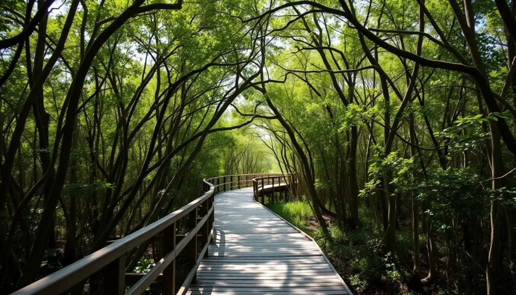 Wooden boardwalk through mangroves at St. Lucie Inlet Preserve State Park Florida