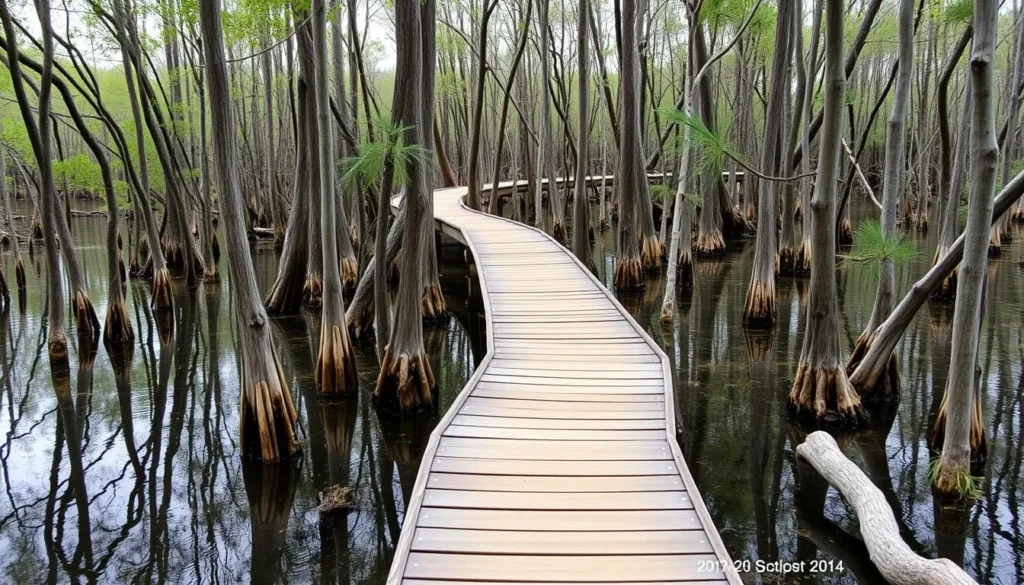 Wooden boardwalk trail through Cache River State Park wetlands Wooden boardwalk trail through Cache River State Park wetlands