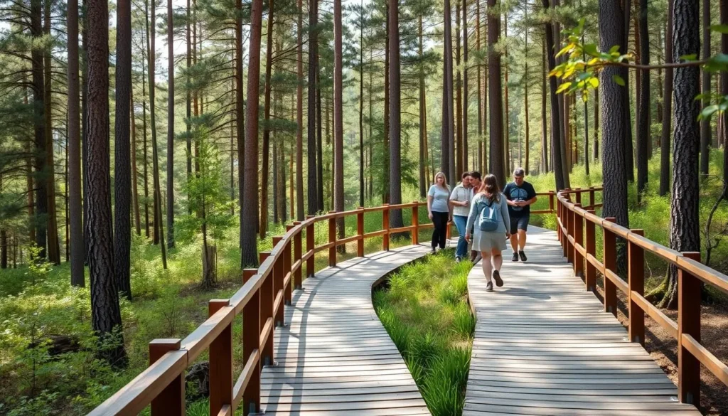 Wooden boardwalk trail through Smolenskoye Poozerye National Park with visitors walking through forest Wooden boardwalk trail through Smolenskoye Poozerye National Park with visitors walking through forest