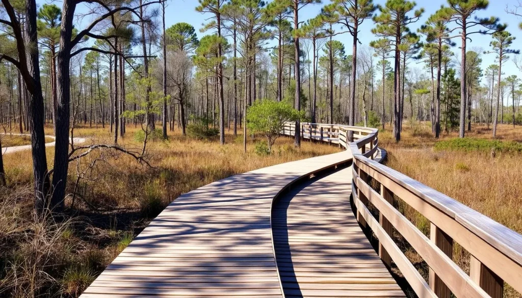 Wooden boardwalk trail through Tarkiln Bayou Preserve State Park Florida Wooden boardwalk trail through Tarkiln Bayou Preserve State Park Florida
