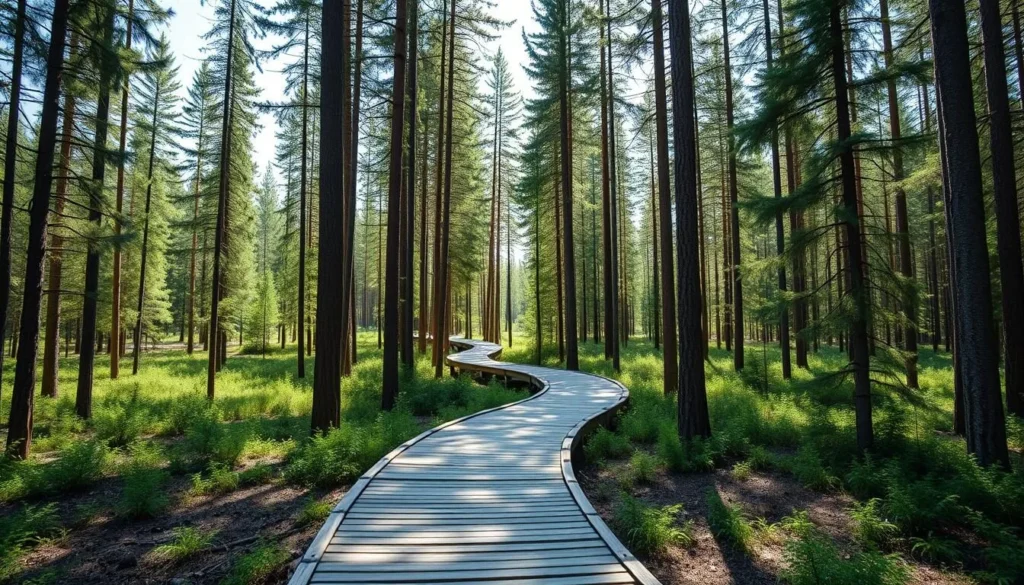 Wooden boardwalk trail through Vodlozersky National Park forest Wooden boardwalk trail through Vodlozersky National Park forest