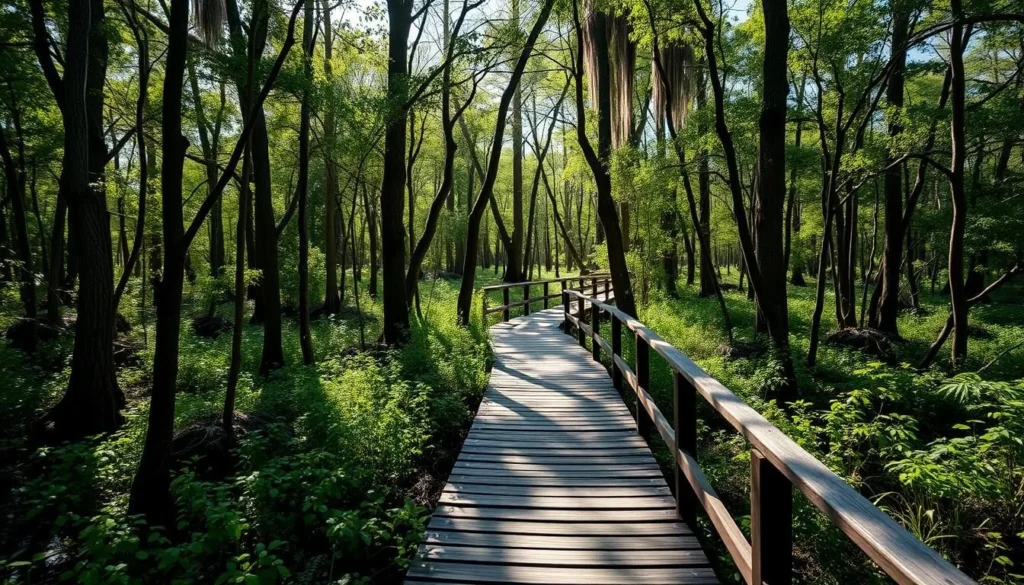 Wooden boardwalk trail through cypress swamp at Mermet Lake