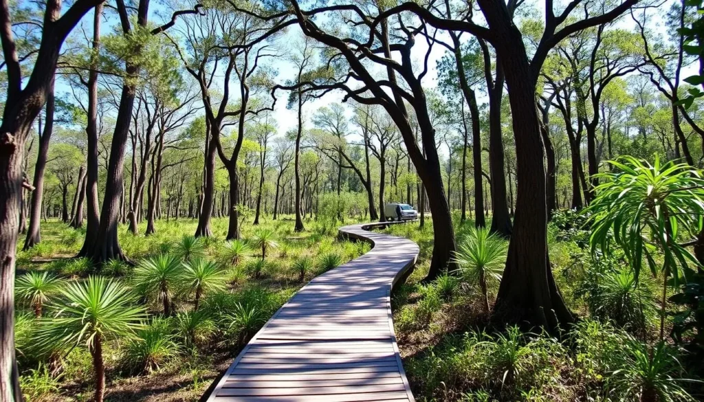 Wooden boardwalk winding through Abita Creek Flatwoods Preserve Louisiana Wooden boardwalk winding through Abita Creek Flatwoods Preserve Louisiana
