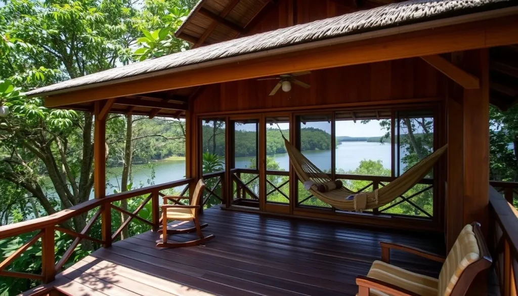 Wooden cabin accommodation at Iwokrama River Lodge with a veranda overlooking the Essequibo River Wooden cabin accommodation at Iwokrama River Lodge with a veranda overlooking the Essequibo River