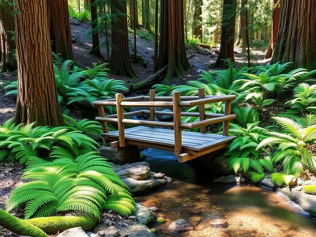Wooden footbridge crossing a stream in Montgomery Woods State Natural Reserve California Wooden footbridge crossing a stream in Montgomery Woods State Natural Reserve California