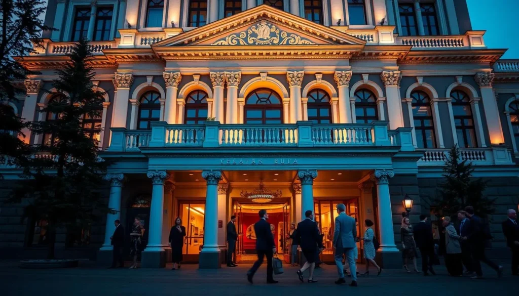 Yekaterinburg State Academic Opera and Ballet Theatre with patrons entering for an evening performance