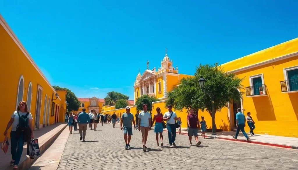 Yellow buildings of Izamal Mexico with colonial architecture and cobblestone streets