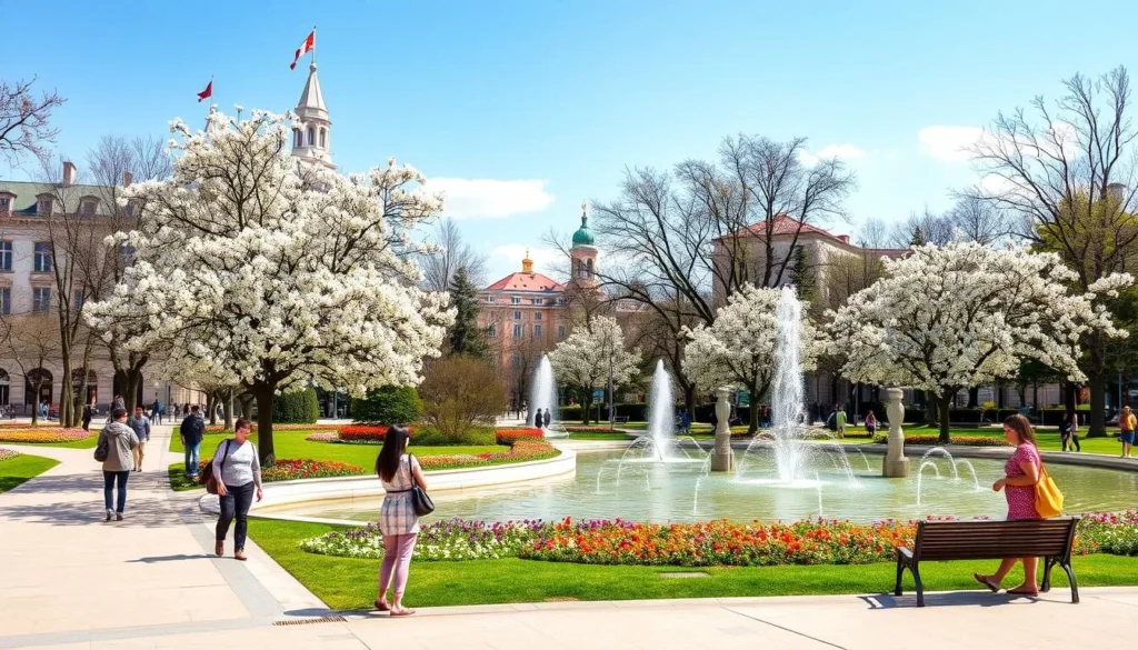 Zagreb's Zrinjevac Park in spring with blooming trees, fountains, and diverse tourists enjoying the weather