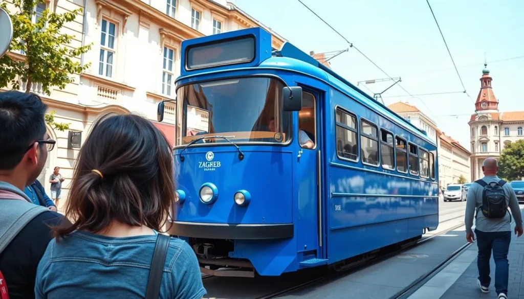 Zagreb's iconic blue tram passing through the city center with diverse tourists waiting at a tram stop