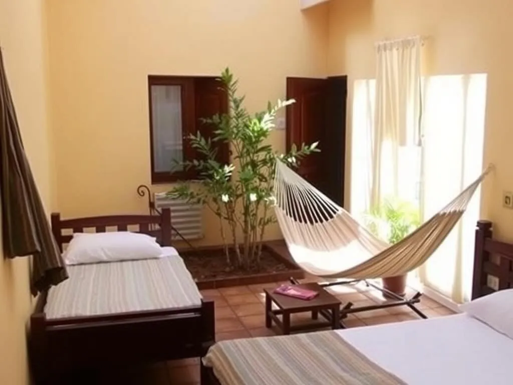 Zebra Guesthouse garden area with hammocks and simple accommodations