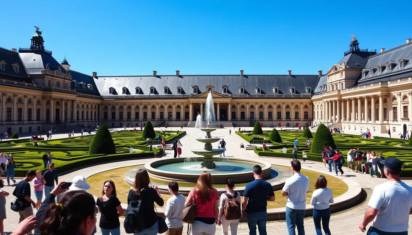 Zwinger Palace courtyard in Dresden Germany with baroque architecture and fountains
